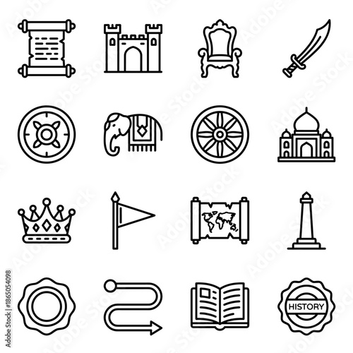 Indian History Icon Set With Elephant Scroll Crown Flag Wheel Throne