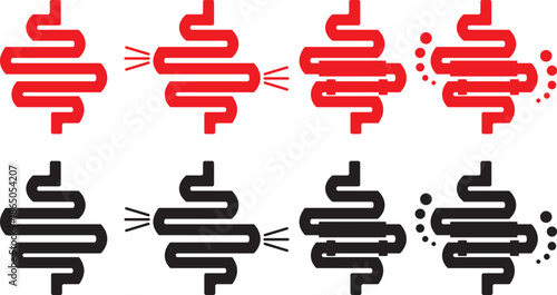 Human Intestine Icon Set – Digestive System, Colon, Gut, and Bowel Silhouettes and Line Vector Illustration.