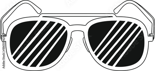 Minimal black and white sunglasses icon with striped lenses, modern eyewear fashion vector illustration design
