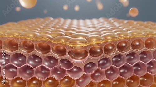 Close Up Of Golden Nutrient Droplets Falling Onto Layered Skin Cells With A Soft Blue Gradient Background