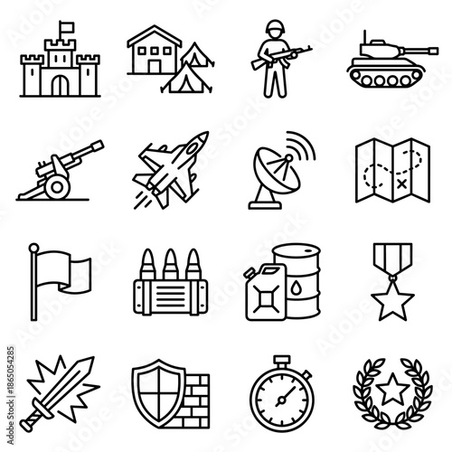 War Strategy Icon Set With Cannon Airplane Flag Ammunition Sword Shield Clock
