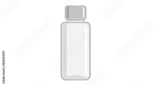 Transparent rectangular bottle with grey cap is depicted as a clean vector illustration on a white background for various liquid products.