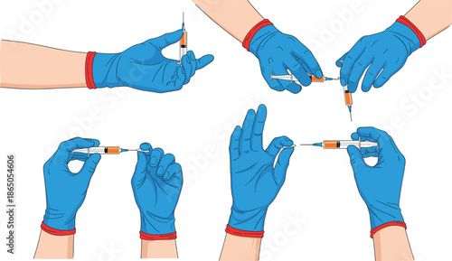 Set of hands wearing medical gloves holding syringe in different positions vector illustration isolated on white