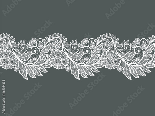 Seamless floral background with lace flowers and leaves.Vector hand made white lace ribbon with flowers