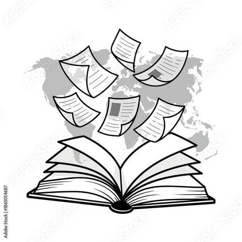 Open Book with Flying Papers - A Symbol of Knowledge and Global Reach.