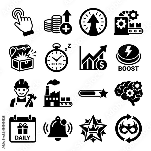 Game Icon Set With Treasure Chest, Time, Arrow, Worker, Factory, Calendar, Bell And Star