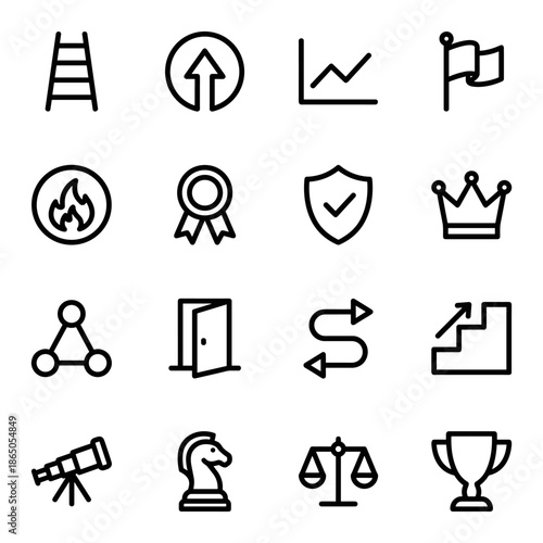 Icon set featuring career growth, career ladder, promotion, performance chart, goal, flame, award, shield, network, door, telescope, chess piece, and triangle icons.