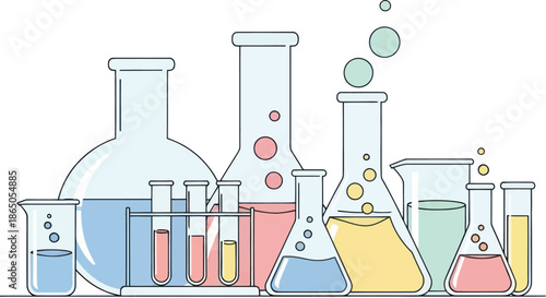 Colorful laboratory glassware with various liquids in scientific glassware for chemistry