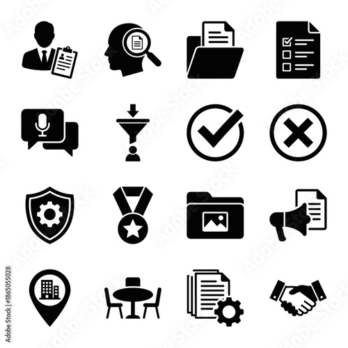 Recruitment Icon Set Featuring Speech Bubble Microphone Funnel Shield Medal Calendar Location Table Document