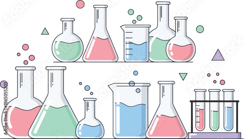 Colorful laboratory glassware with liquids and geometric shapes on white background