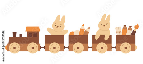Bunny on a toy train for children's designs