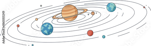 Educational illustration of the solar system showing planets orbiting the sun with orbit paths