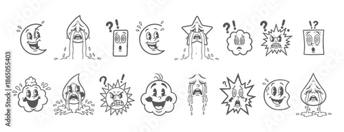 Vintage 1930s Mascot Collection, Expressive Comic Characters including Moon, Star, Sun, Cloud, and Drop Icons.