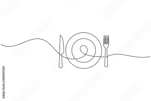 Minimalist continuous line art of plate fork and knife cutlery