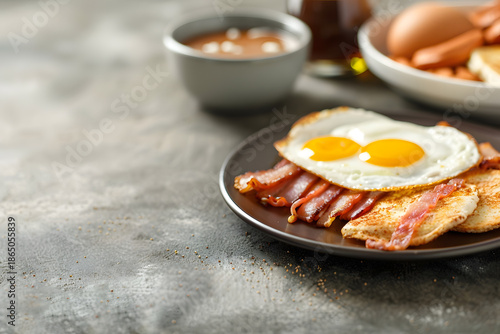 Classic Breakfast with Fried Eggs, Bacon and Toast on Plate