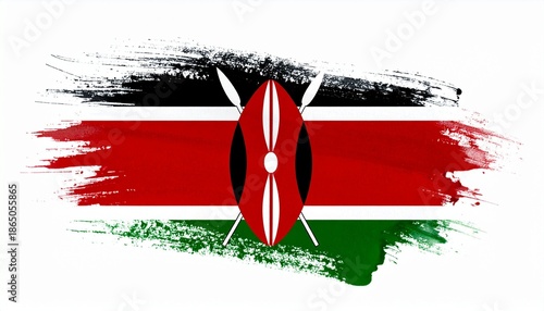 Artistic Kenya Flag with Black Red and Green Paint Brush Strokes and Maasai Shield Symbol
