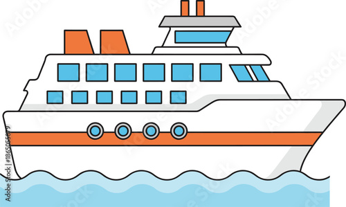 Modern cruise ship sailing on ocean waves illustration in flat cartoon style for travel tourism and maritime design