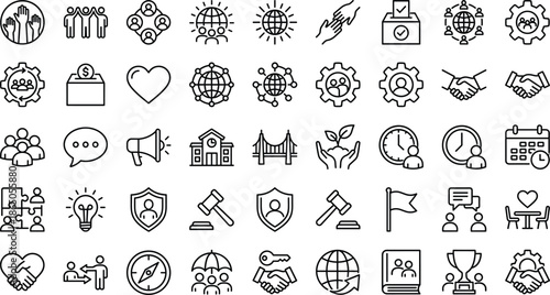 Community and social cooperation icon set featuring teamwork volunteering partnership leadership and global unity symbols for nonprofit organizations and business collaboration