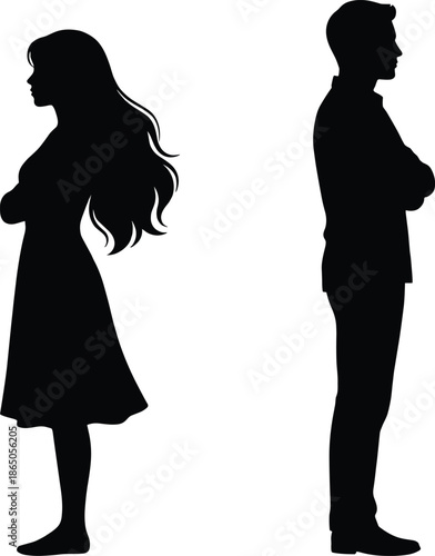 Black silhouette of distant couple standing apart with crossed arms, symbolizing emotional conflict, separation, and relationship tension in design.