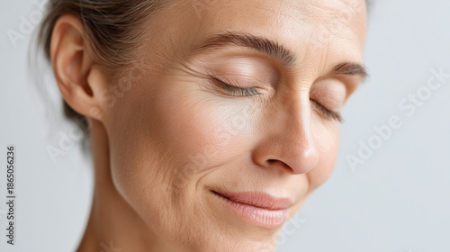 Close up of under eye dullness and mild puffiness on mature woman with smooth skin and peaceful expression, highlighting natural beauty and skin texture