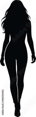 Black silhouette of curvy woman walking forward with long hair, ideal for fashion, movement, design, and human figure illustration.