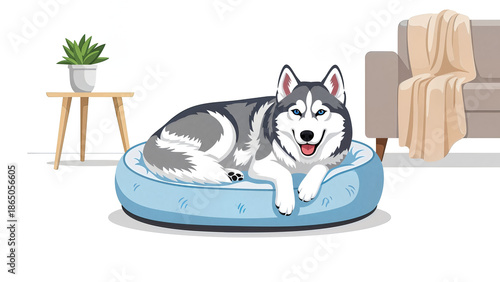 illustration of husky in cozy pet bed