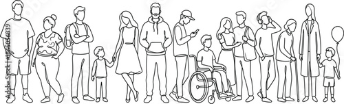 Continuous line drawing of a diverse group of people including a person in a wheelchair and elderly woman with cane