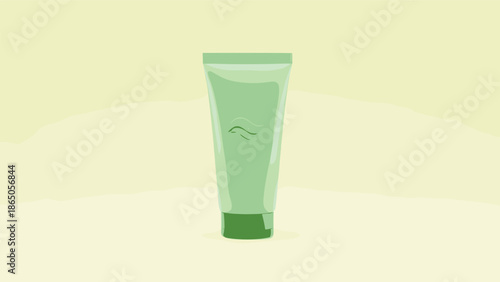 Green squeeze tube for cream or lotion is shown as a simple vector illustration on a pale yellow background for skincare product marketing.