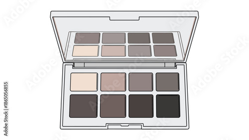 Open eyeshadow palette with eight different neutral shades and a built in mirror is illustrated in a clean vector style on a white background.
