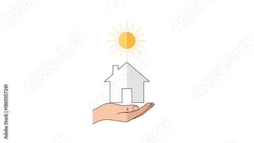 Hand holding a white paper cutout house with a radiating sun above it, symbolizing solar energy, home ownership, and sustainable housing solutions.