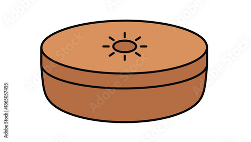 Round brown cosmetic container with a sun icon on the lid is shown as a simple 3d illustration for sunscreen or bronzer products.