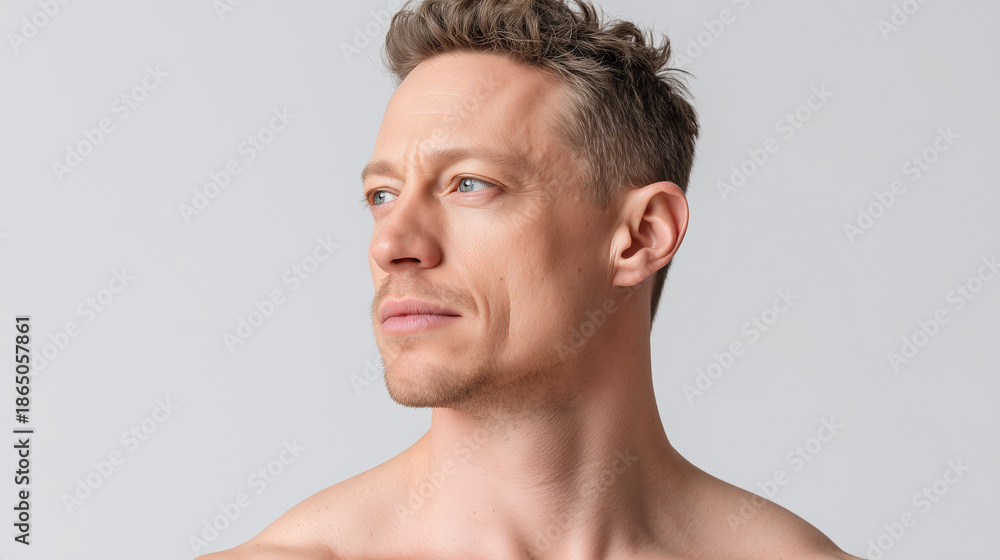 Fototapeta premium Young man with blue eyes and short curly hair looking away with calm expression, bare shoulder visible against plain light background