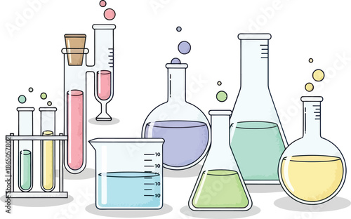 Collection of laboratory glassware including beakers test tubes and flasks for scientific