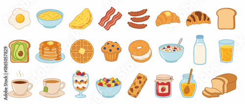 An assortment of breakfast foods, including eggs, bacon, pastries, and beverages.