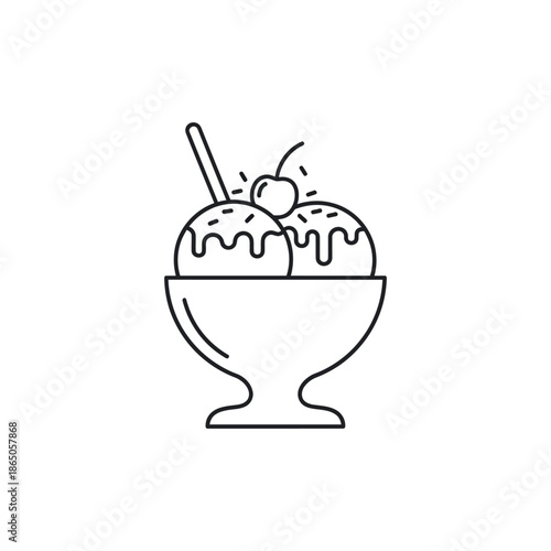 Ice Cream Sundae Illustration with Cherry and Spoon in Outline Style.