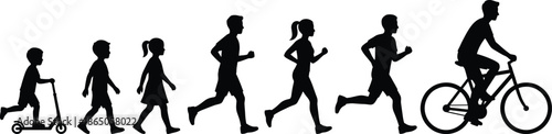 Silhouettes of children and adults in motion, showing stages of physical activity, growth, and mobility in minimalist black style.