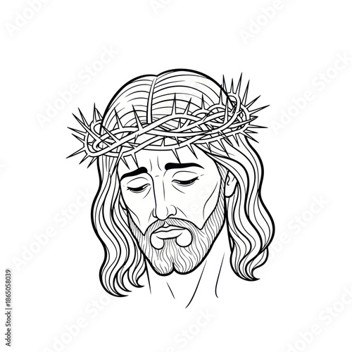 Line Art Depiction of Jesus Christ with Crown of Thorns.