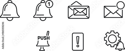 A collection of simple outline notification icons featuring various designs for alerts like mail messages bell chimes and essential system settings indicators for user interface graphics