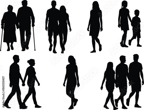 Silhouettes of diverse people walking in pairs and alone, representing relationships, age groups, and social interaction in minimalist style.