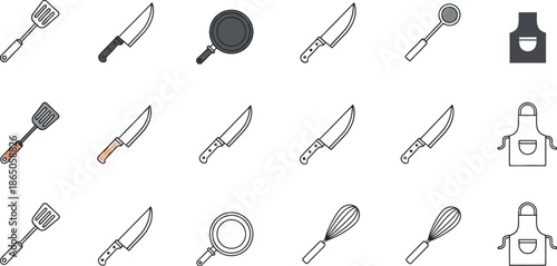 Collection of various cooking utensils icons displayed in a repeating pattern featuring spatulas knives pans ladles whisks and different styles of aprons for culinary design projects