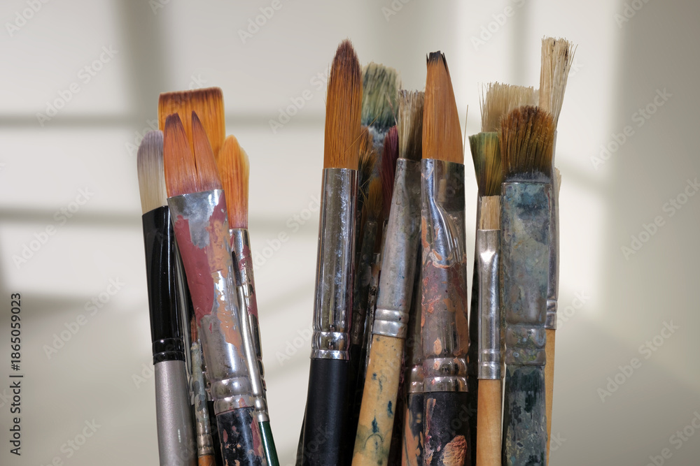 Obraz premium Various professional used paint brushes, selective focus