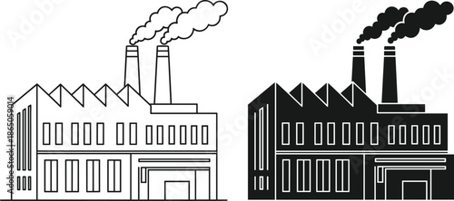 Industrial factory building vector illustration with smoking chimneys, manufacturing plant icon in line art and solid black silhouette styles for environment pollution.