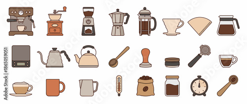 Collection of coffee making equipment and accessories in cartoon style.