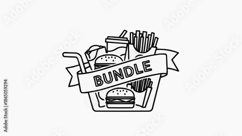Fast Food Bundle Deal with Burger, Fries, and Drink Representing a Shopping Cart with a Ribbon Banner and Text