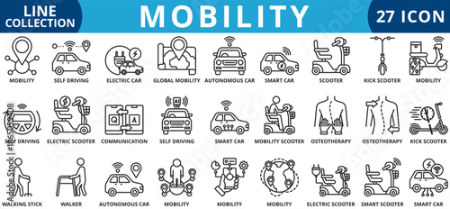 Mobility icon set outline style icon set collection vector illustration