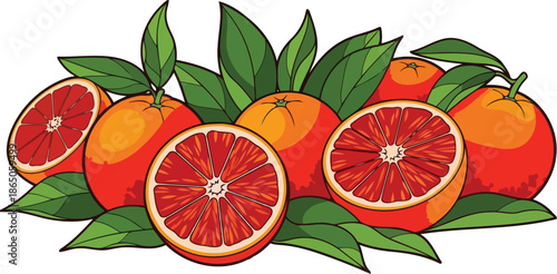 Composition of red blood oranges and green leaves vector illustration