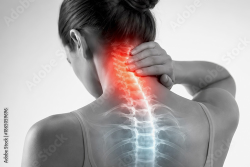 Neck and shoulder pain with cervical spine inflammation concept