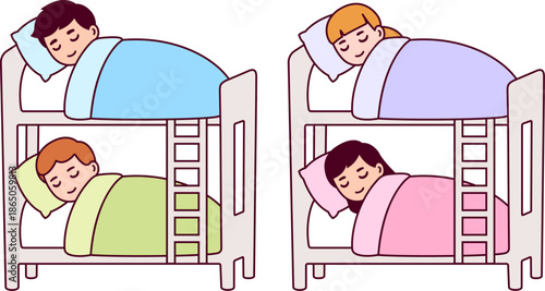 Little boys and girls sleeping in bunk beds. Kids sleepover, summer camp cartoon vector illustration.