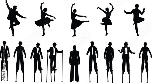 Set of black silhouettes featuring elegant dancers in motion, performers on tall stilts, circus entertainers, and formal men in suits on isolated white background,