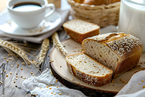 Fresh Sesame Bread with Coffee and Milk on Rustic Breakfast Table